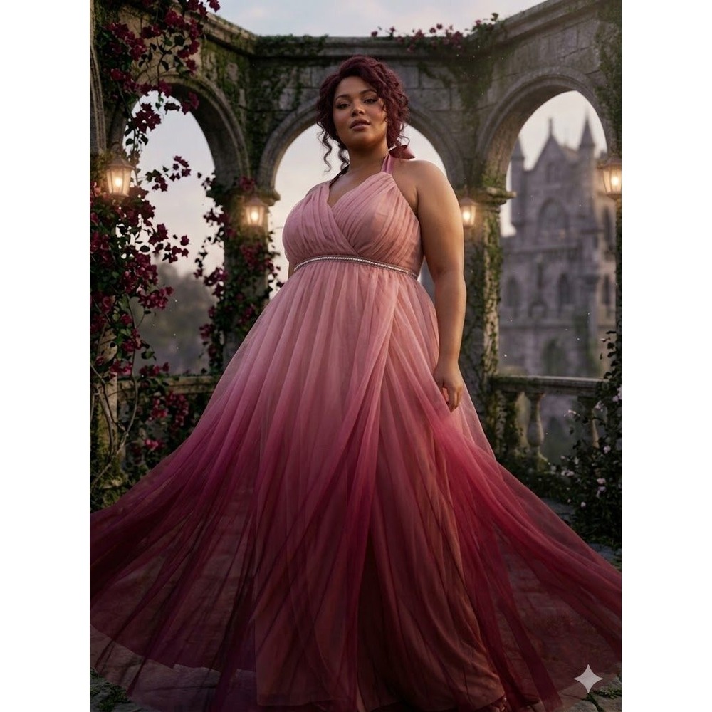 Candolite Ombre Pink Burgundy Mesh Tulle Maxi Dress Crystal Trim Halter‎ 3X